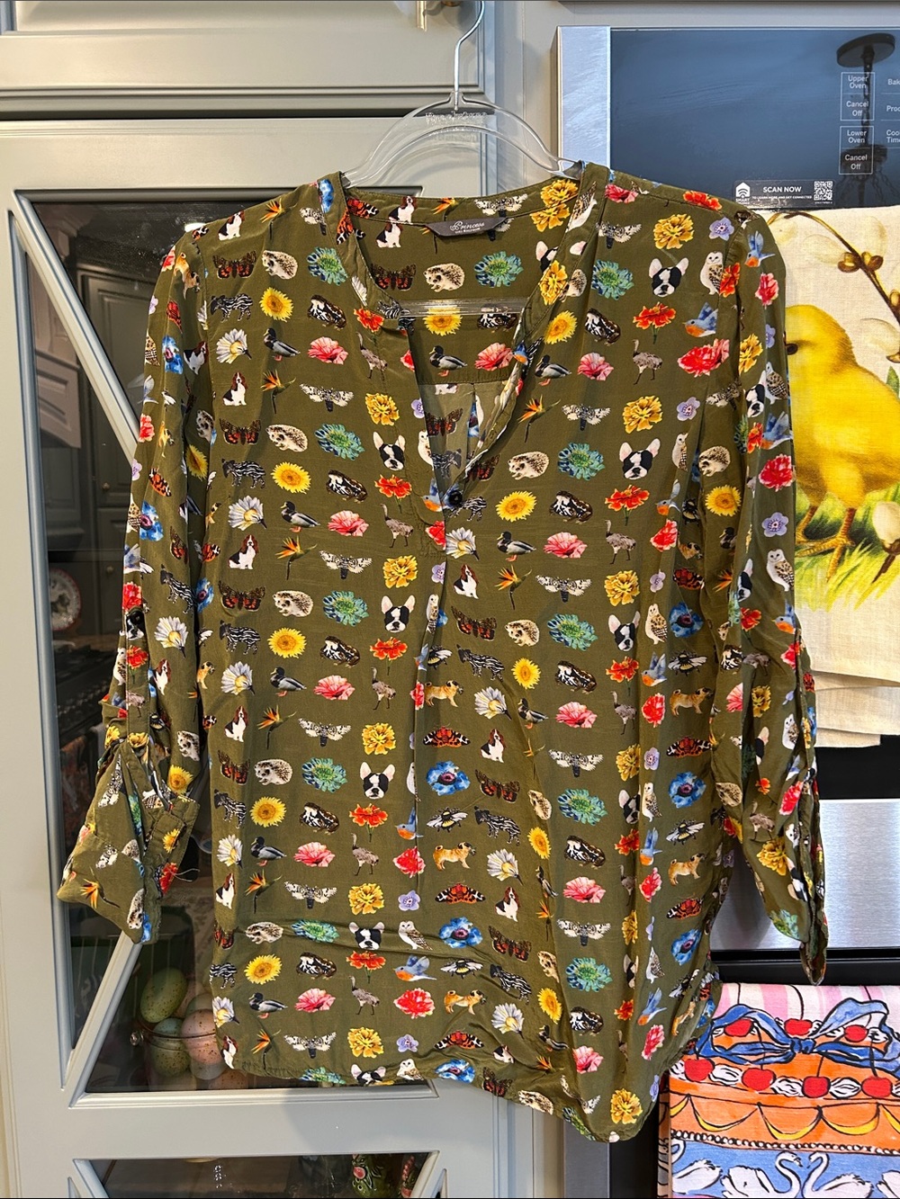Princess Goes Hollywood Olive Green Floral & Animal Print Silky V-Neck Blouse